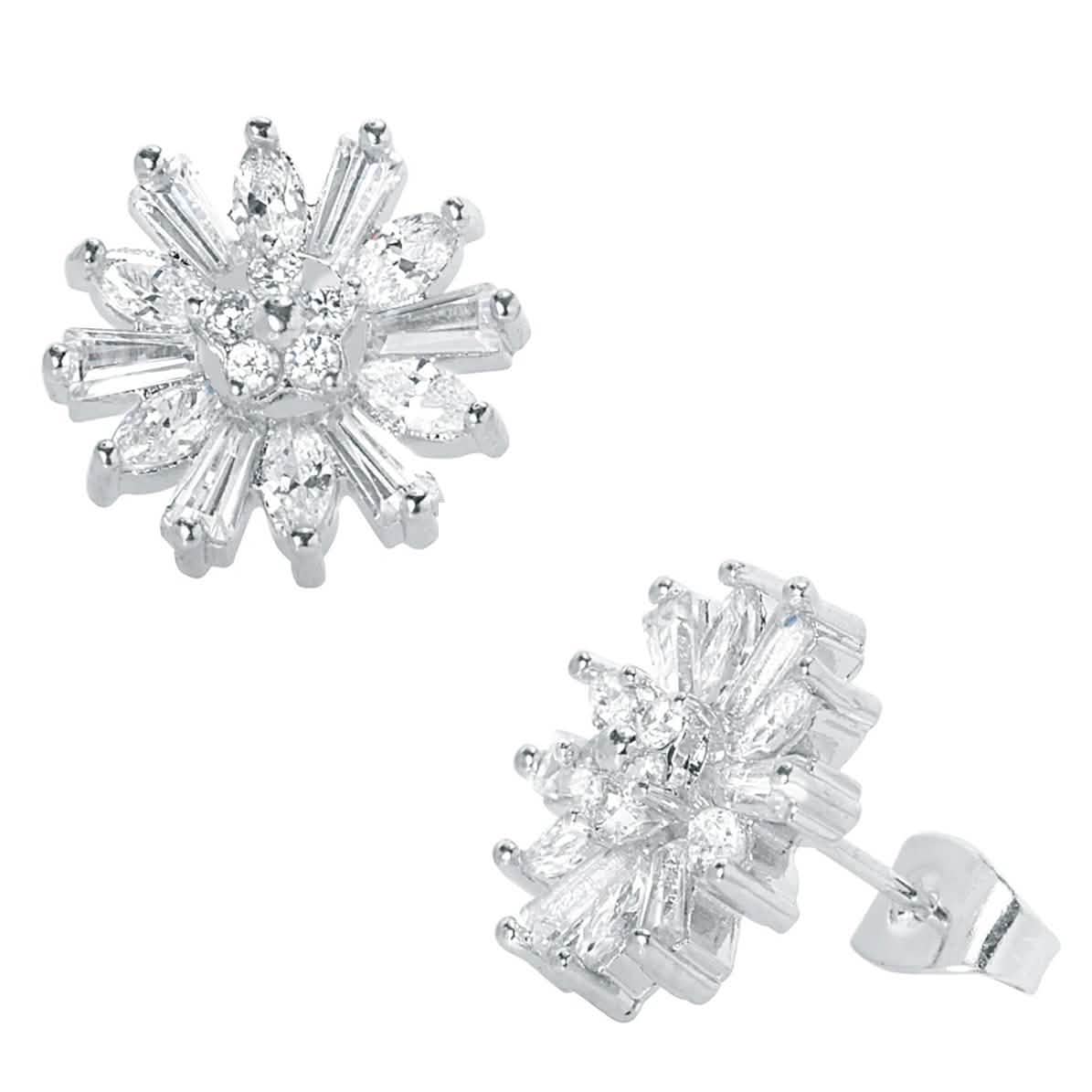 18K White Gold Plated Baguette Flower Stud Earring