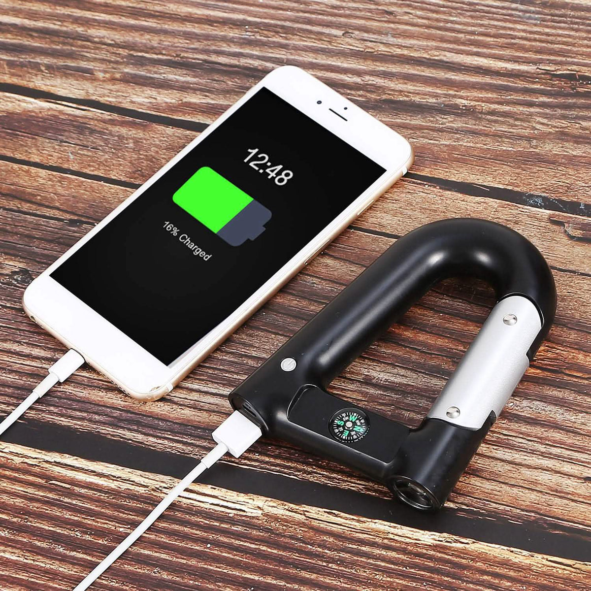 2200 mAh Powerbank with Emergency Flashlight Compass Carabiner-Shaped
