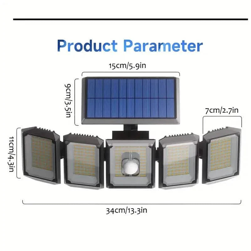 5 Heads Solar 300 LED Light Outdoor Motion Sensor Waterproof Wide-angle Illumination Wall Lamp