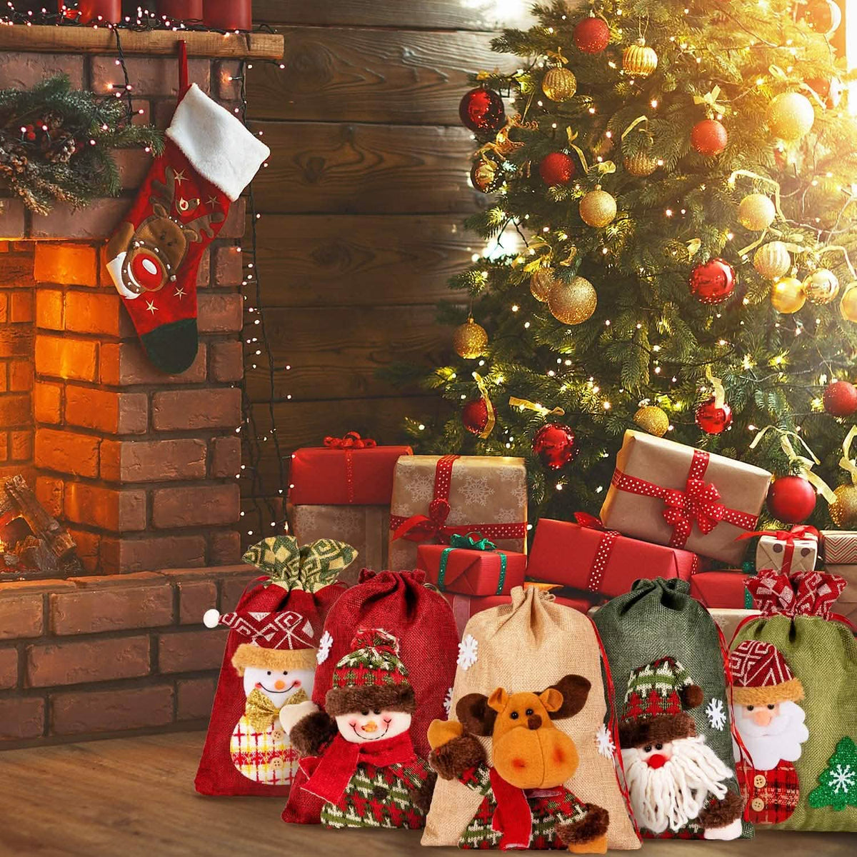 5-Pack: Drawstring Christmas Bags