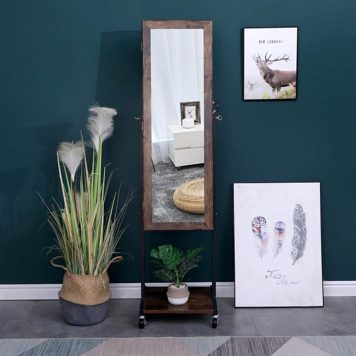 6 LEDs Mirror Jewelry Cabinet Armoire with Wheels