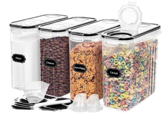 4-Piece Set: Airtight Cereal Storage Containers with Pour Spouts & Measuring Cup – 4L Kitchen Pantry Organizer