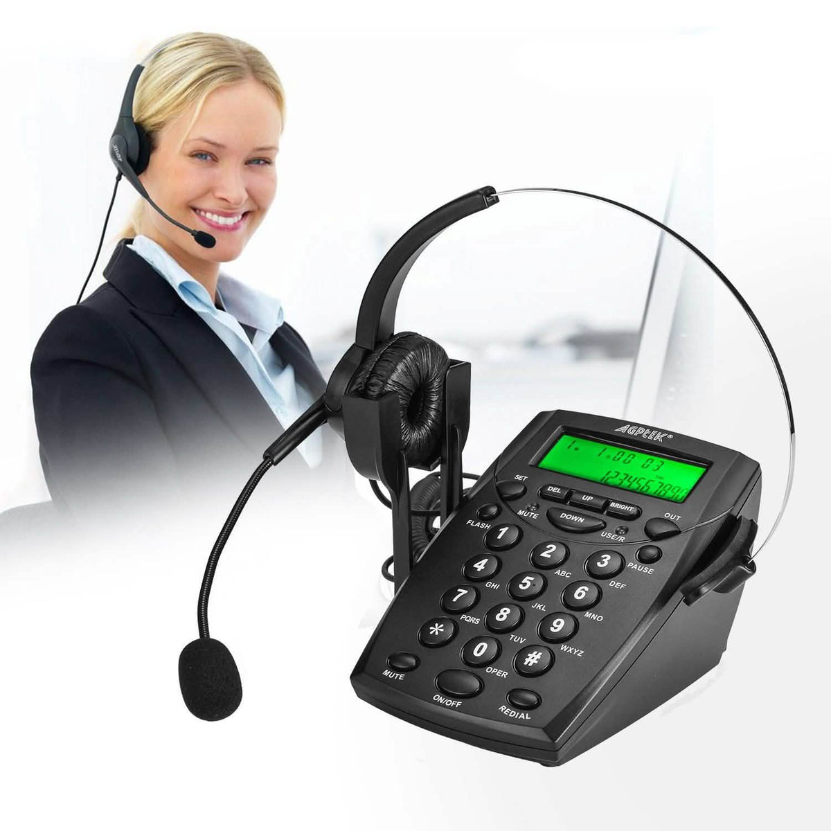 Call Center Dialpad Headset Telephone with Tone Dial Key Pad and Redial
