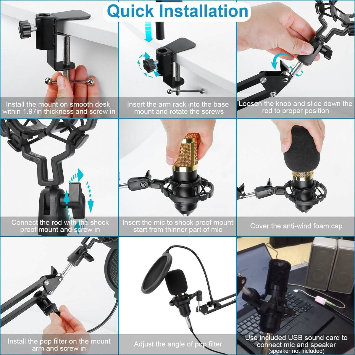 Condenser Microphone Bundle Shock Mount with Adjustable Boom Arm Sound Card