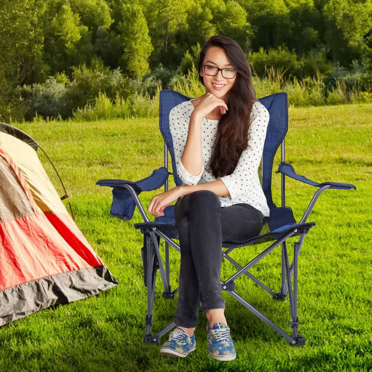 Foldable Camping Chair Heavy Duty Steel Lawn Chair with Reclining Backrest Angle
