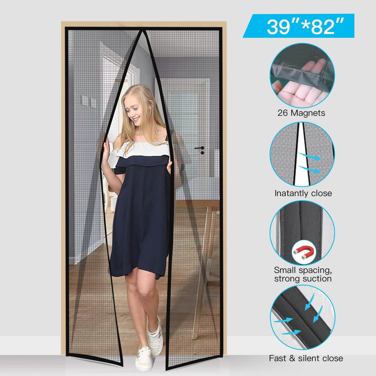 Magnetic Screen Door With Durable Fiberglass Mosquito Mesh Curtain