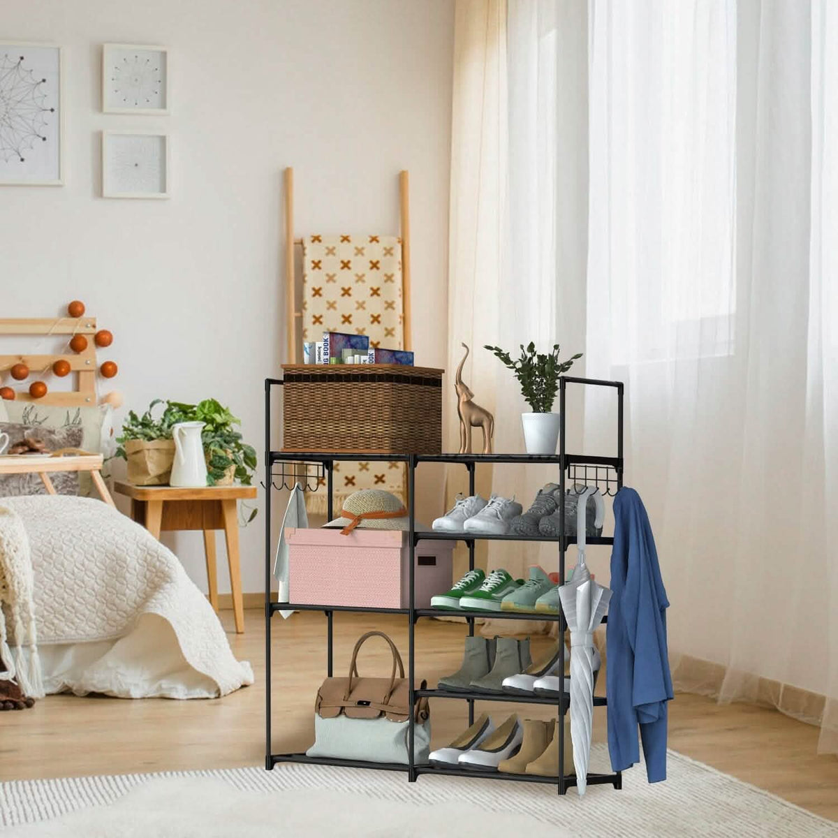Metal Shoe Storage Shelf Free Standing Shoe Stand with 2 Row Hooks
