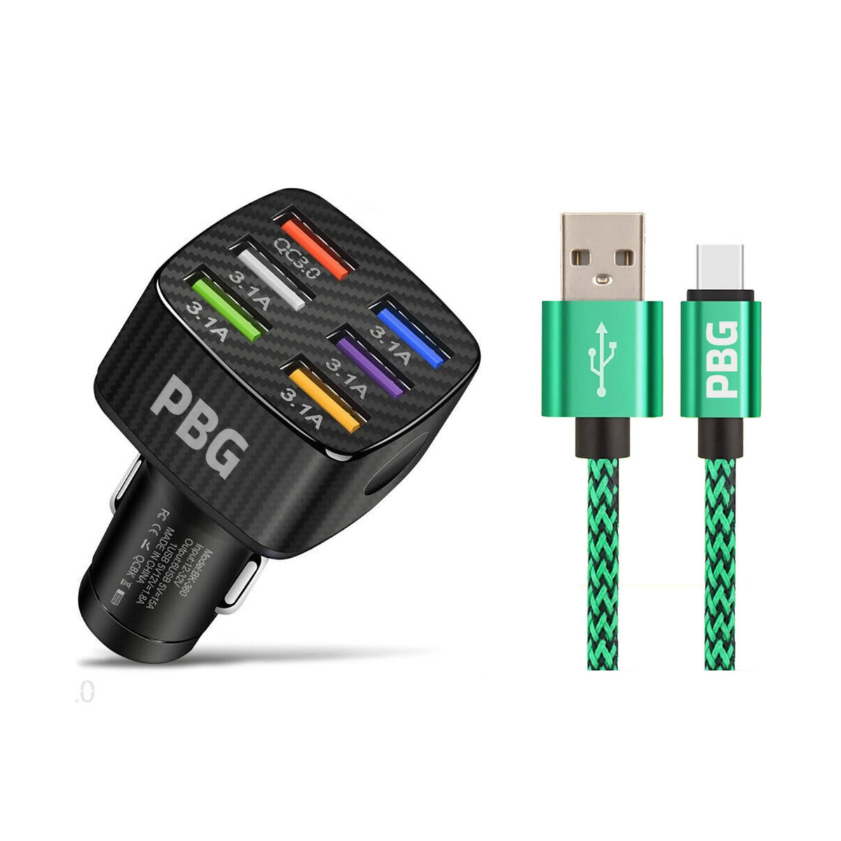 PBG LED 6 Port Car Charger and 10Ft. XL Zebra Lightning Cable Combo