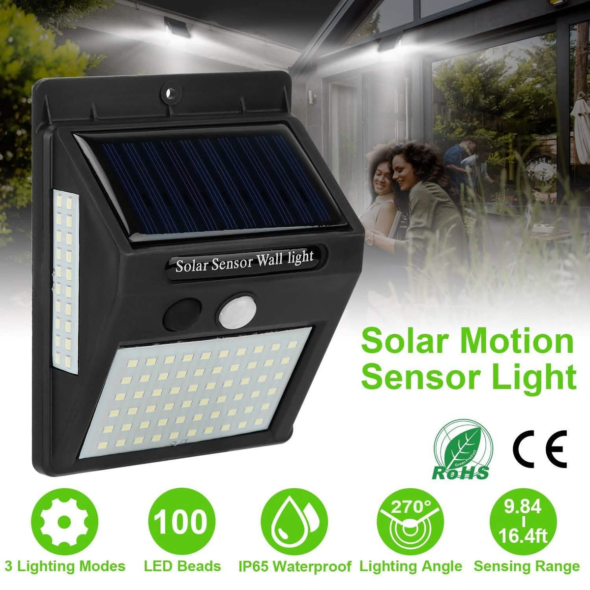 Solar 100 LEDs PIR Motion Sensor Wall Light