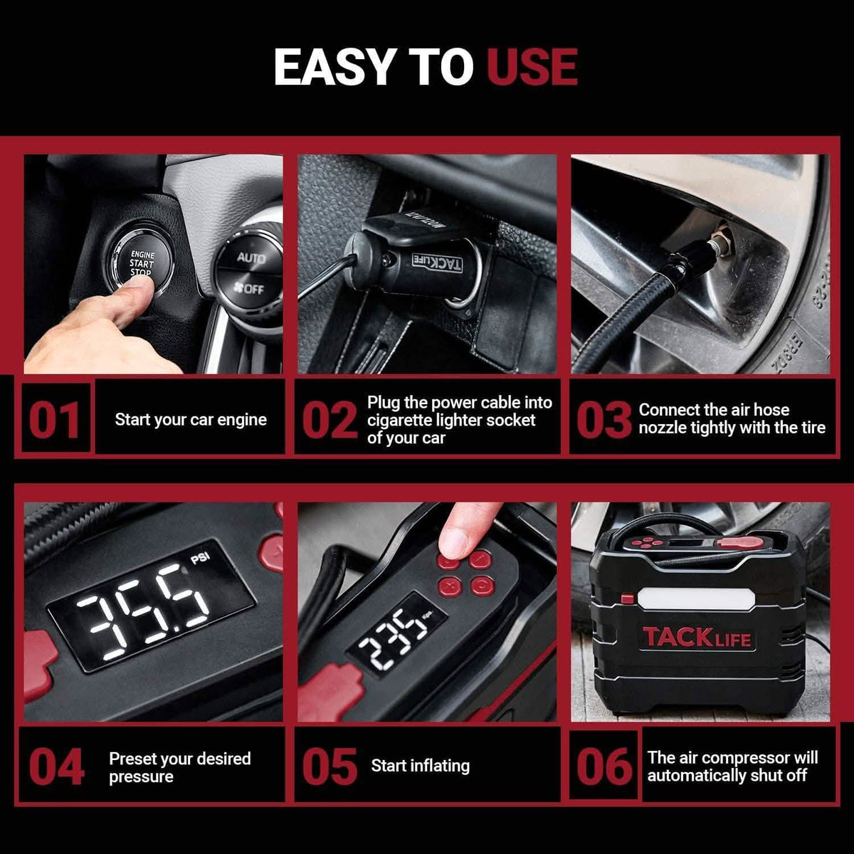 TACKLIFE Car Tire Inflator 12V DC Portable Air Compressor with 3 LED Lights
