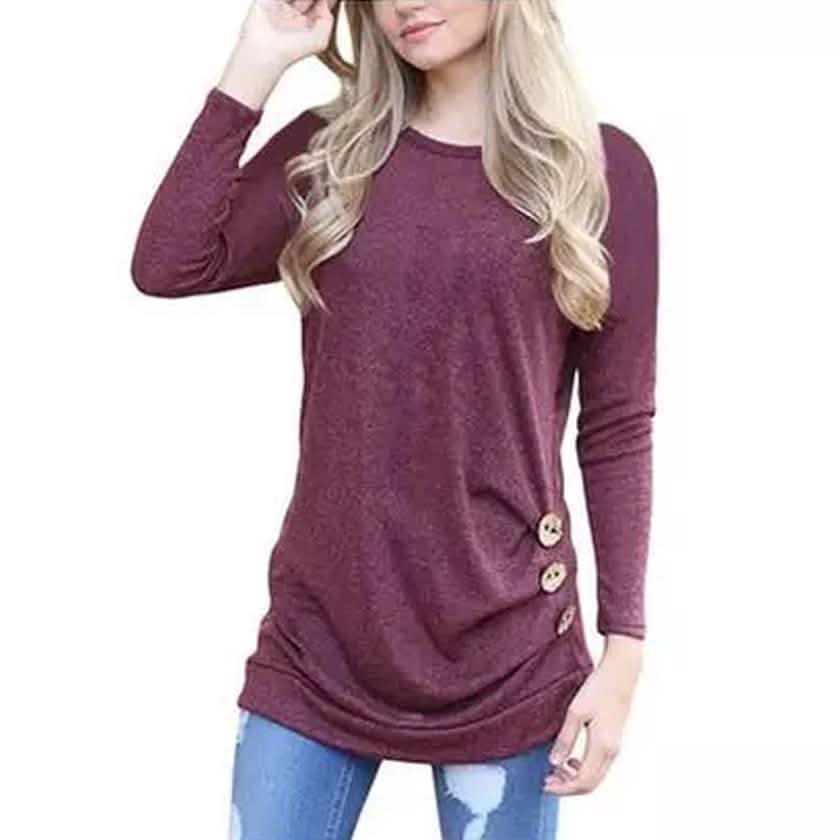 Women Elegant Long Sleeve Round Neck Loose Blouse Tops