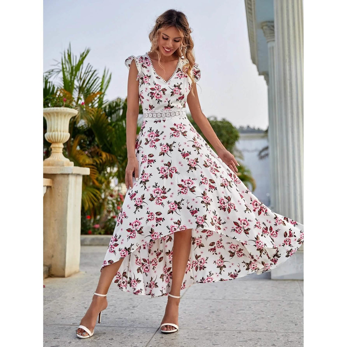Women's Full Body Floral Print High Low Hem A-Line Dress
