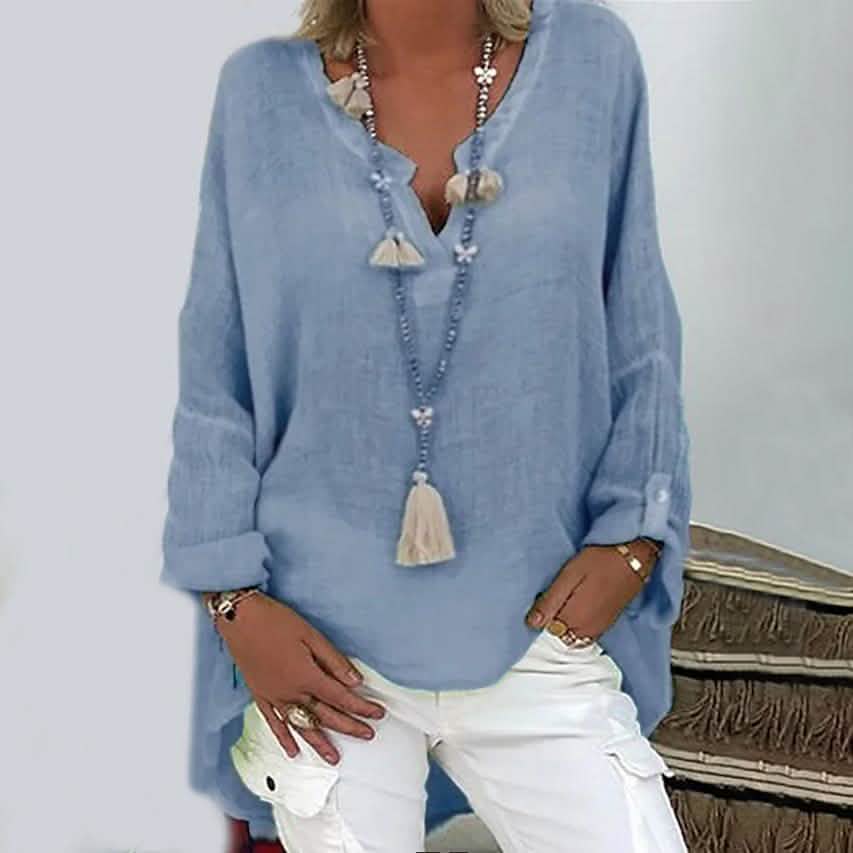 Women's Solid Colored Long Sleeve Button V Neck Basic Top