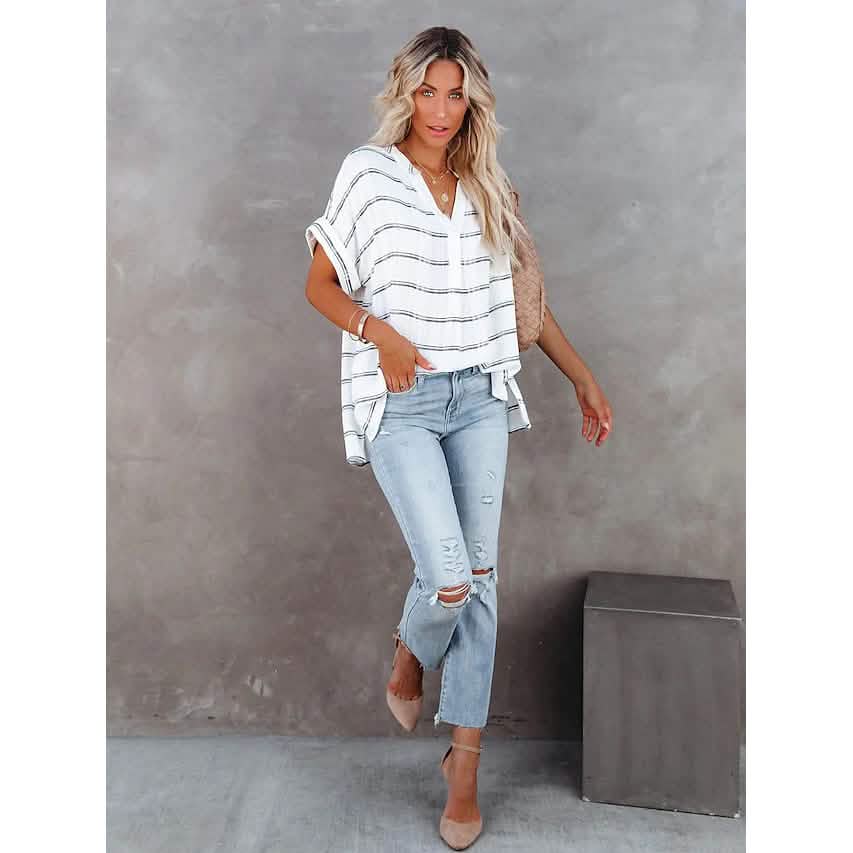 Women's V-Neck Loose Shirt Short Sleeve Top