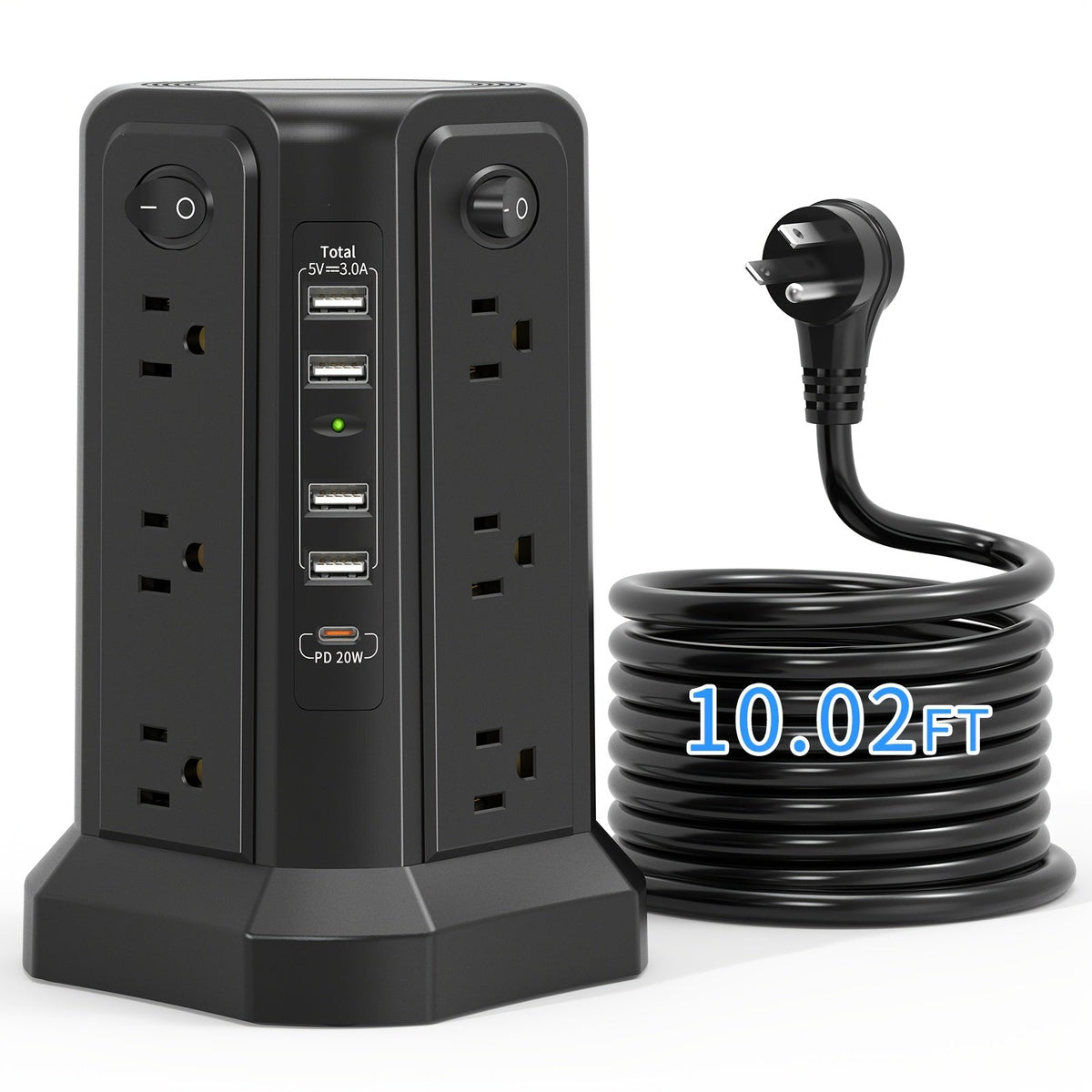 Surge Protector Tower 1800J with 4 USB A Ports, USB C (PD18W) Port, 12 AC Outlets and 10FT Cord