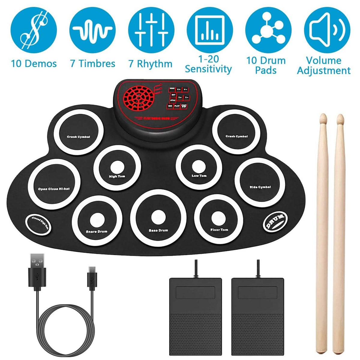 10 Pads Electric Drum Set Foldable