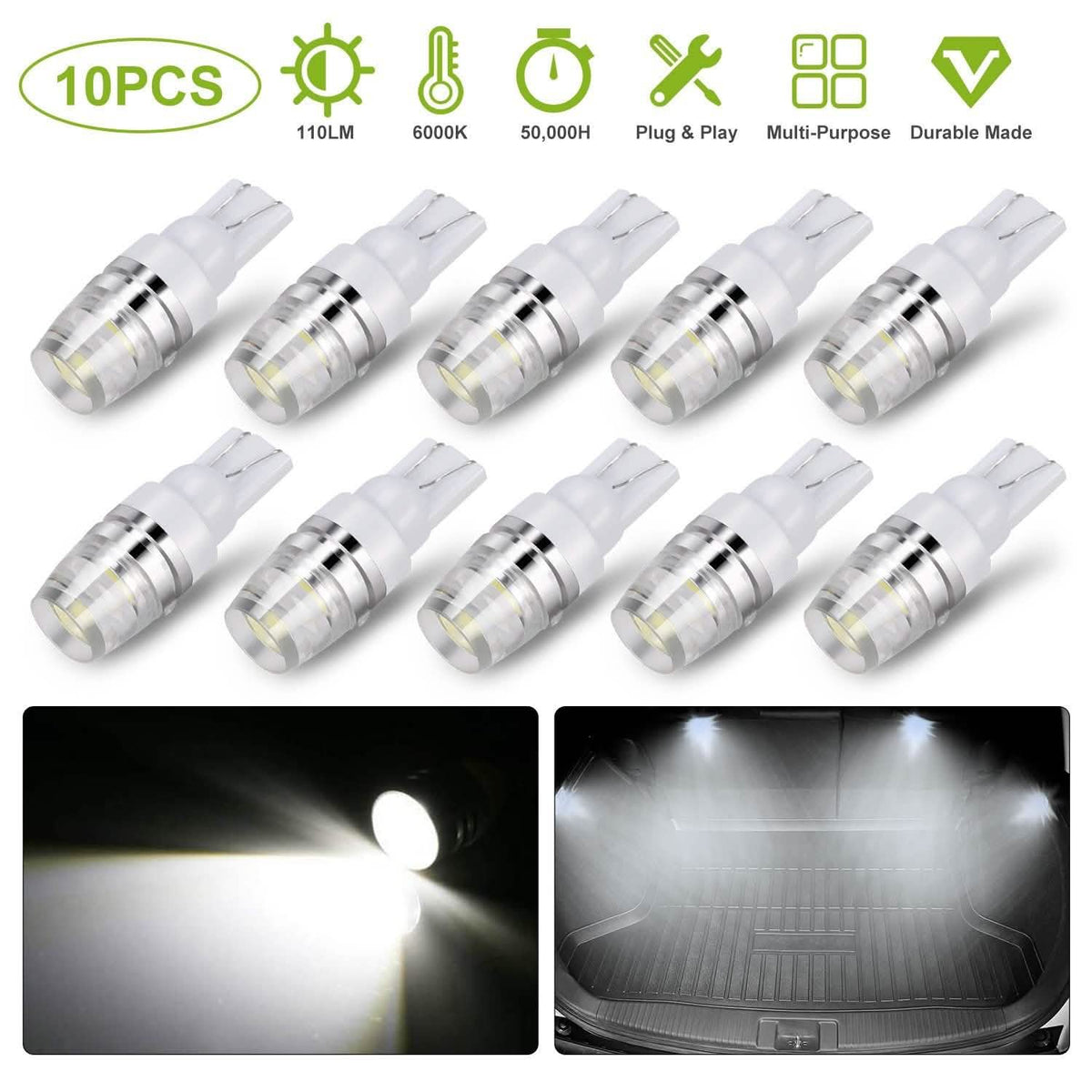 10-Piece: Xenon White Wedge Base LED Bulbs