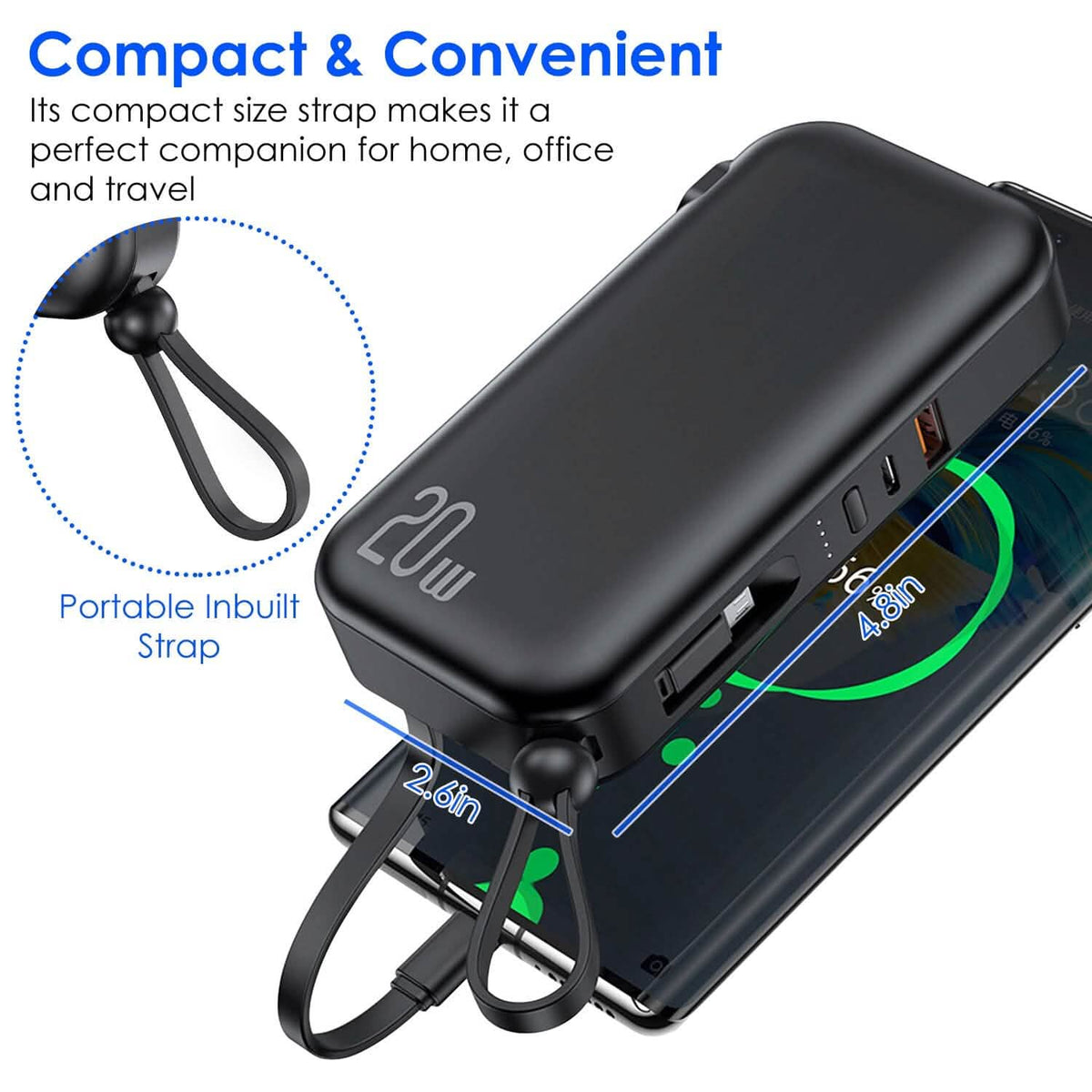 10000mAh Portable Charger with US Plug 3 Inbuilt Cables