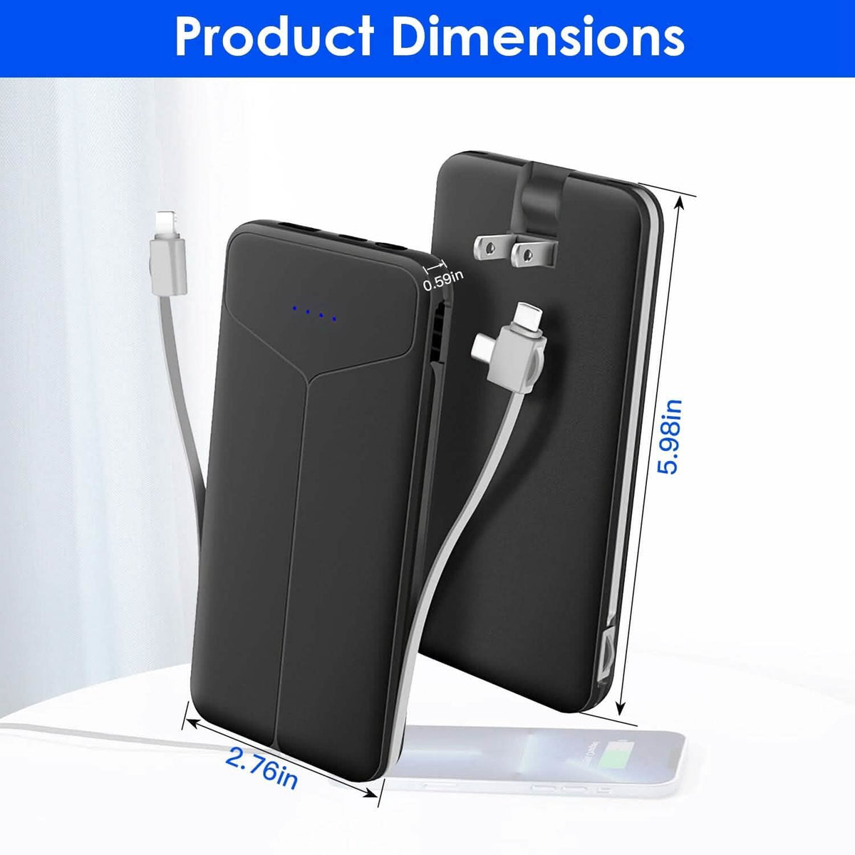 10000mAh Power Bank Portable Charger with US Plug 2 Built-in Cables External Battery Pack