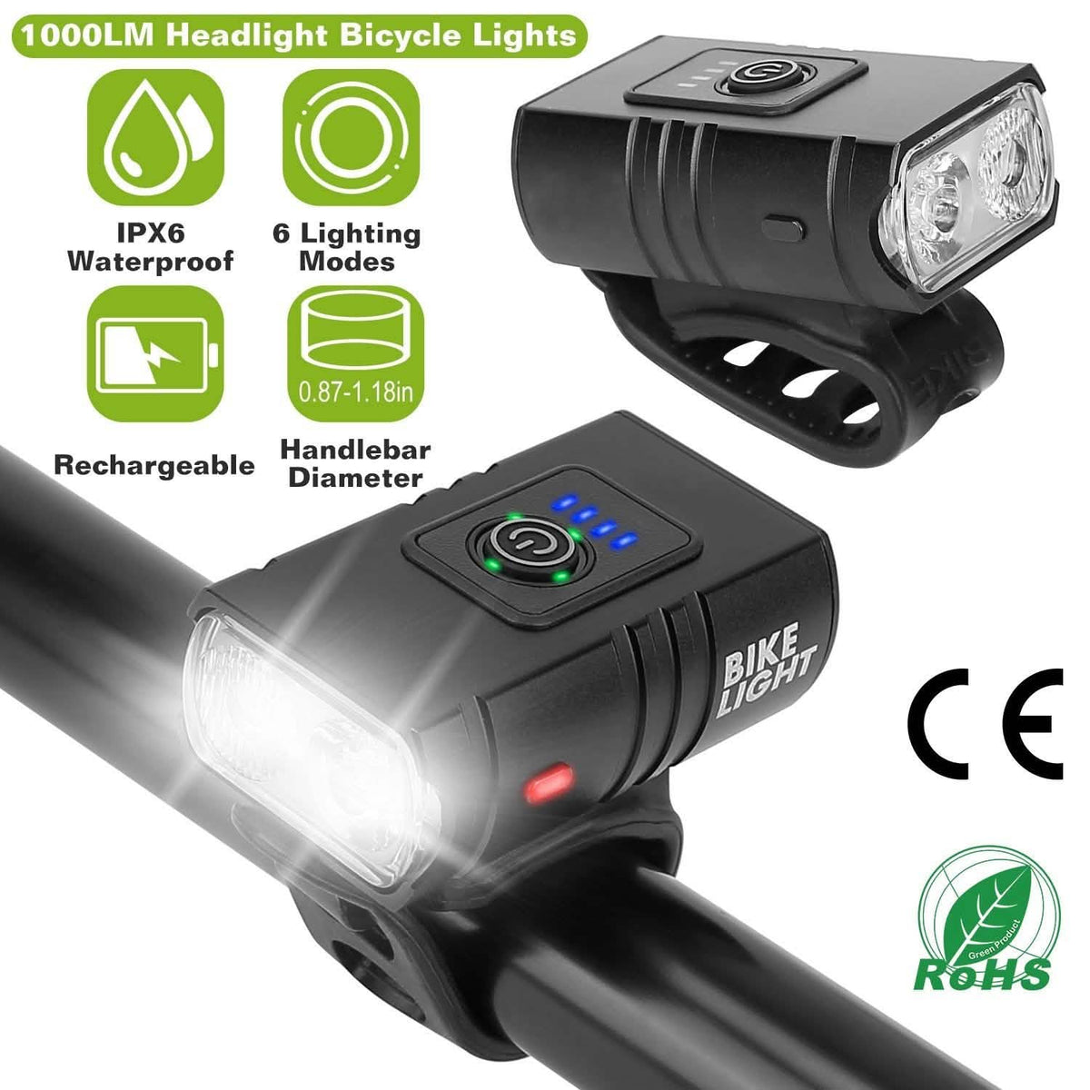 1000LM Bike Front Light Rechargeable Handlebar Head Light with 6 Lighting Modes