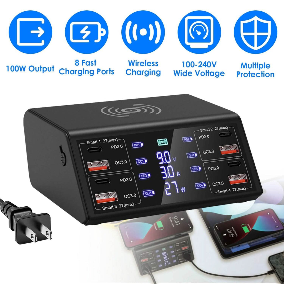 100W USB Charging Station 8-Port Charging Hub