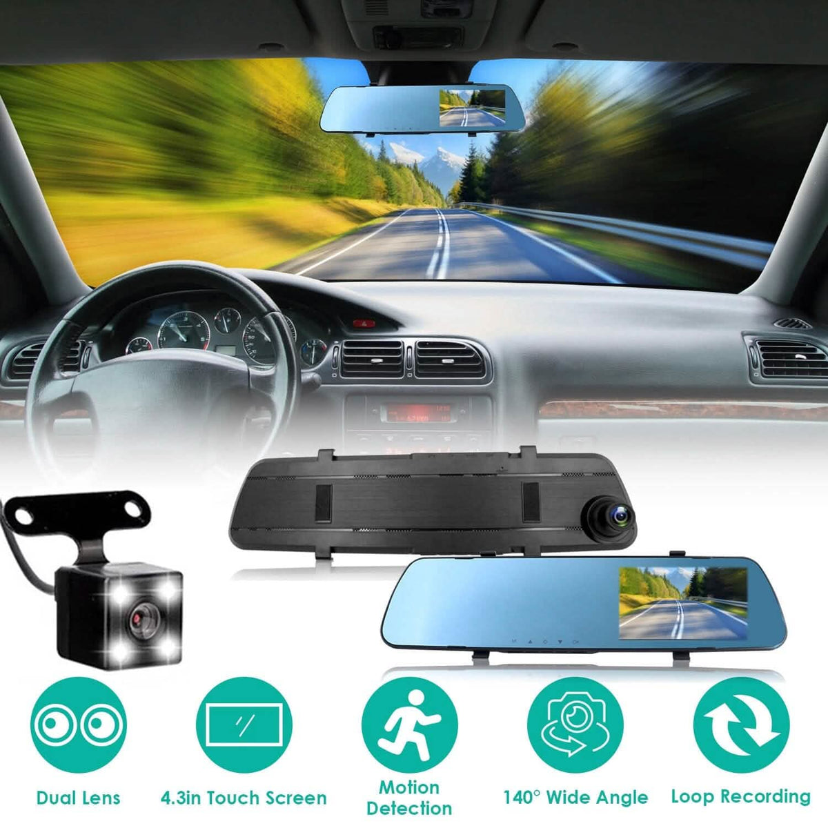 1080P Car DVR 4.3inches Dash Cam with 140° Angle Loop Recording