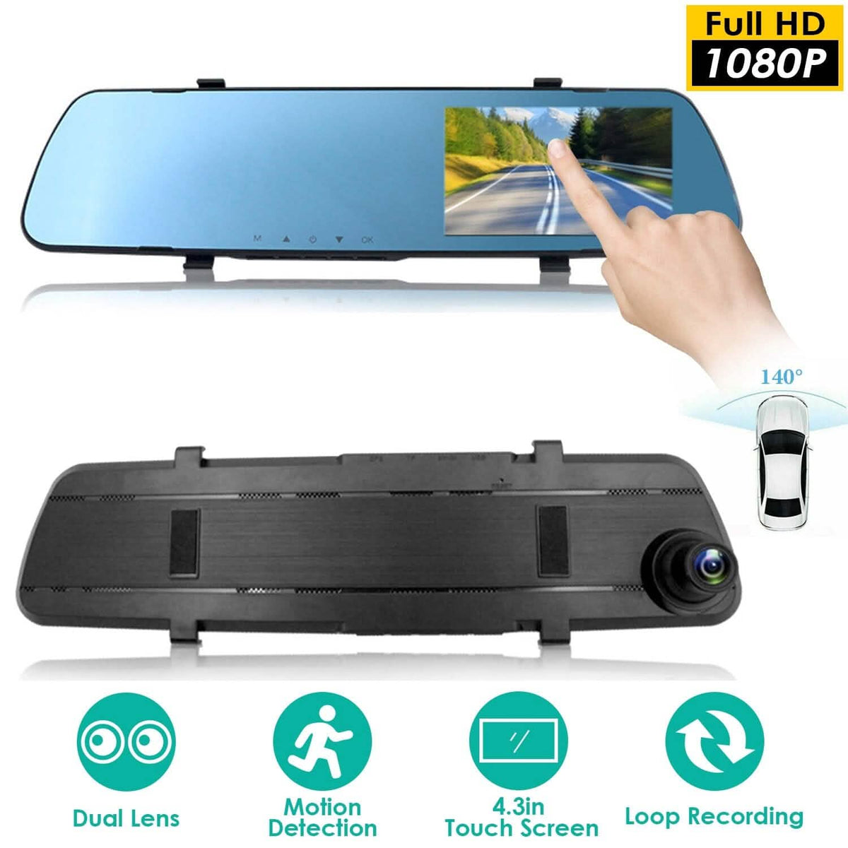 1080P Car DVR 4.3inches Dash Cam with 140° Angle Loop Recording