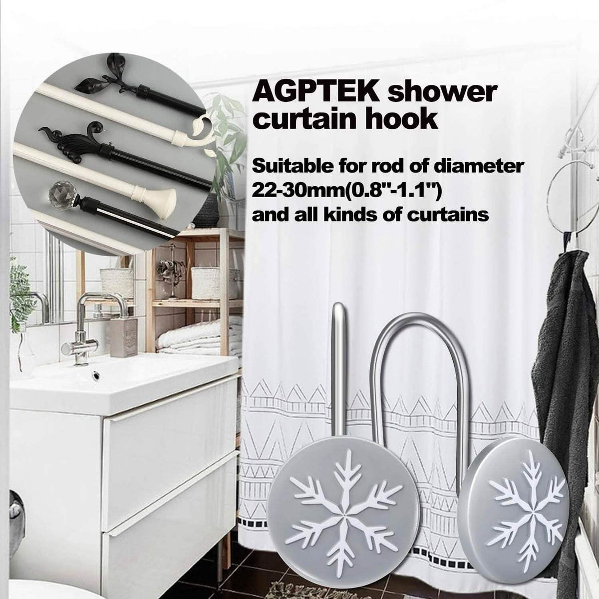 12-Pieces: Christmas Snowflake Anti-Rust Round Shower Curtain Hooks