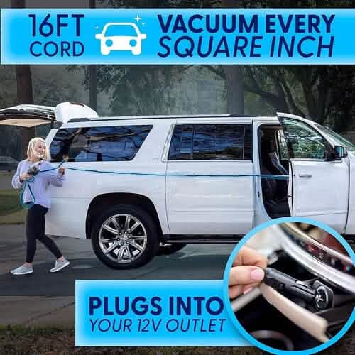 12V High Power Handheld Car Vacuum with 16Ft Cord, Attachments & Bag