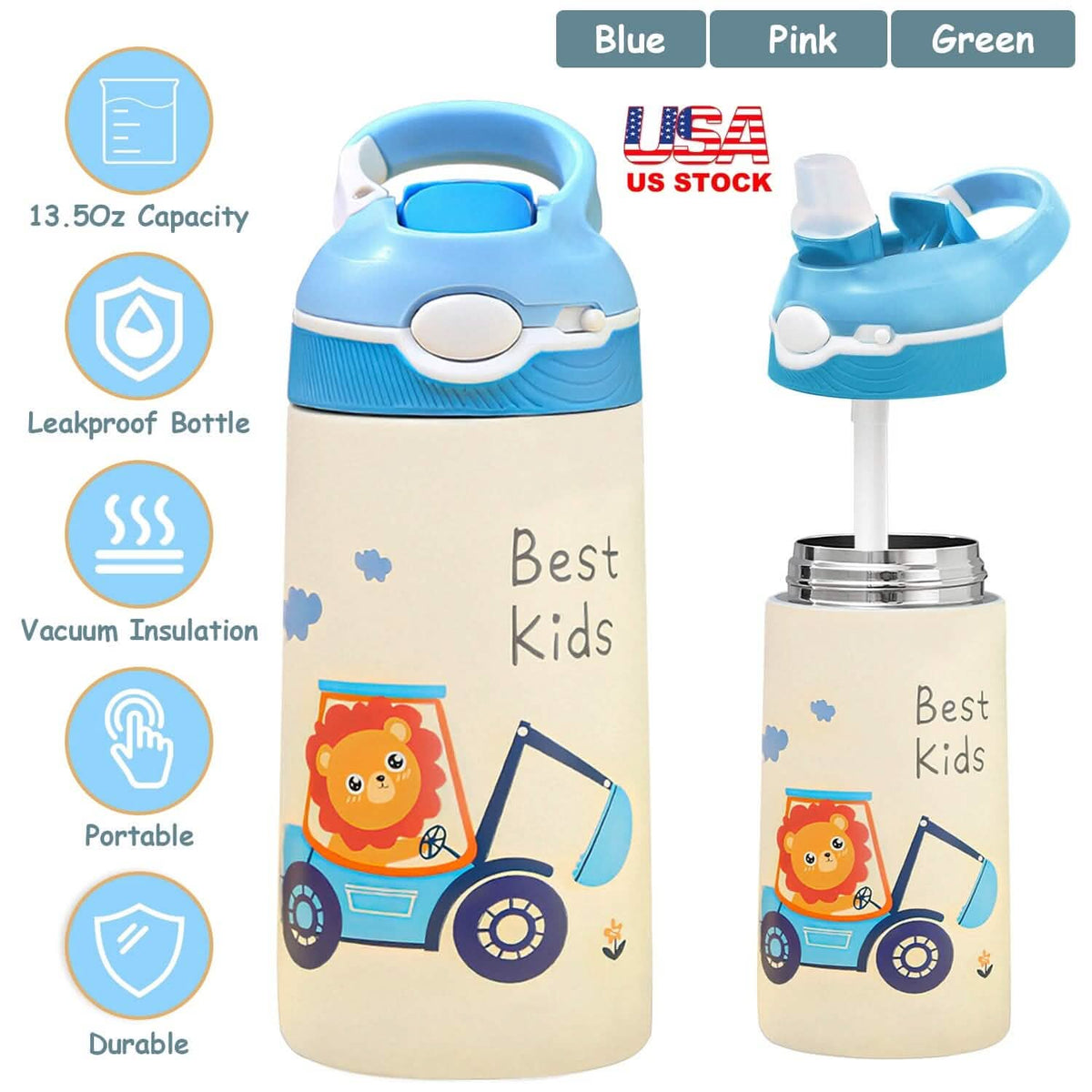 13.50oz. Insulated Stainless Steel Water Bottle Leak-proof with Straw Push Button Lock Switch