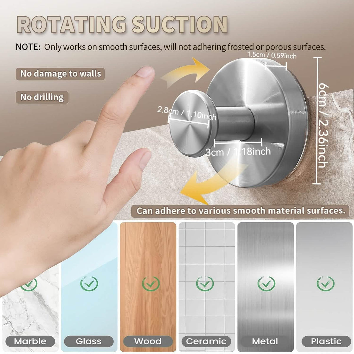 2-Pack: Strong Suction Cup Hooks – Silver Brushed Stainless Steel, No Drilling Required