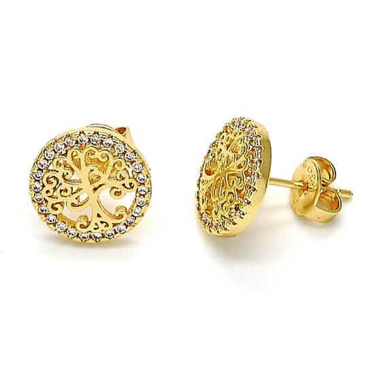 14k Gold Filled High Polish Finish Crystal Tree of Life Stud Earrings