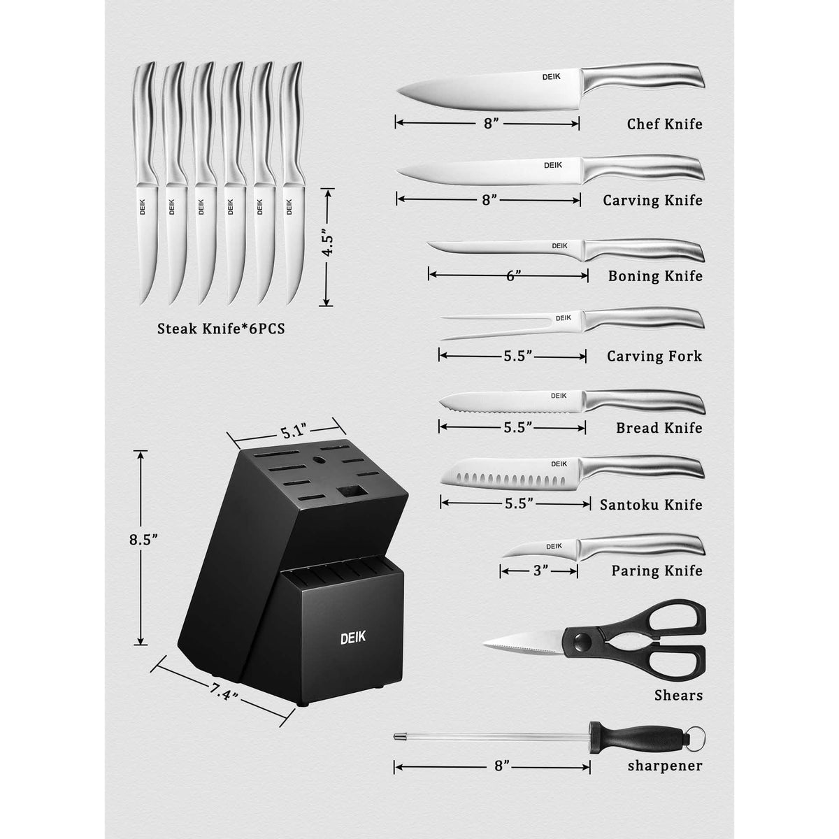 16-Piece Set: Deik Kitchen Knife Set with Wood Block
