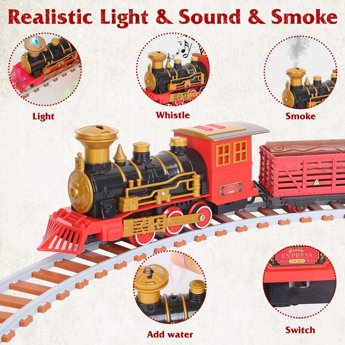 193-Piece: Electric Train Set Steam Locomotive Passenger Coach Coal Car Christmas Train