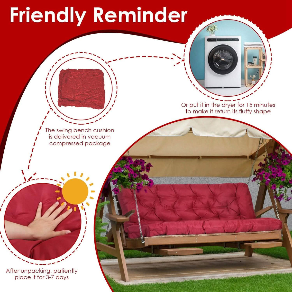 2-3 Seater Swing Cushion Replacement Swing Beach Pads with Backrest 8-Tie Straps