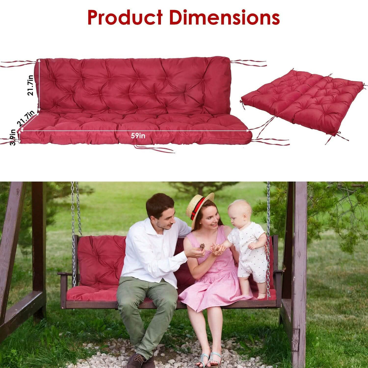 2-3 Seater Swing Cushion Replacement Swing Beach Pads with Backrest 8-Tie Straps