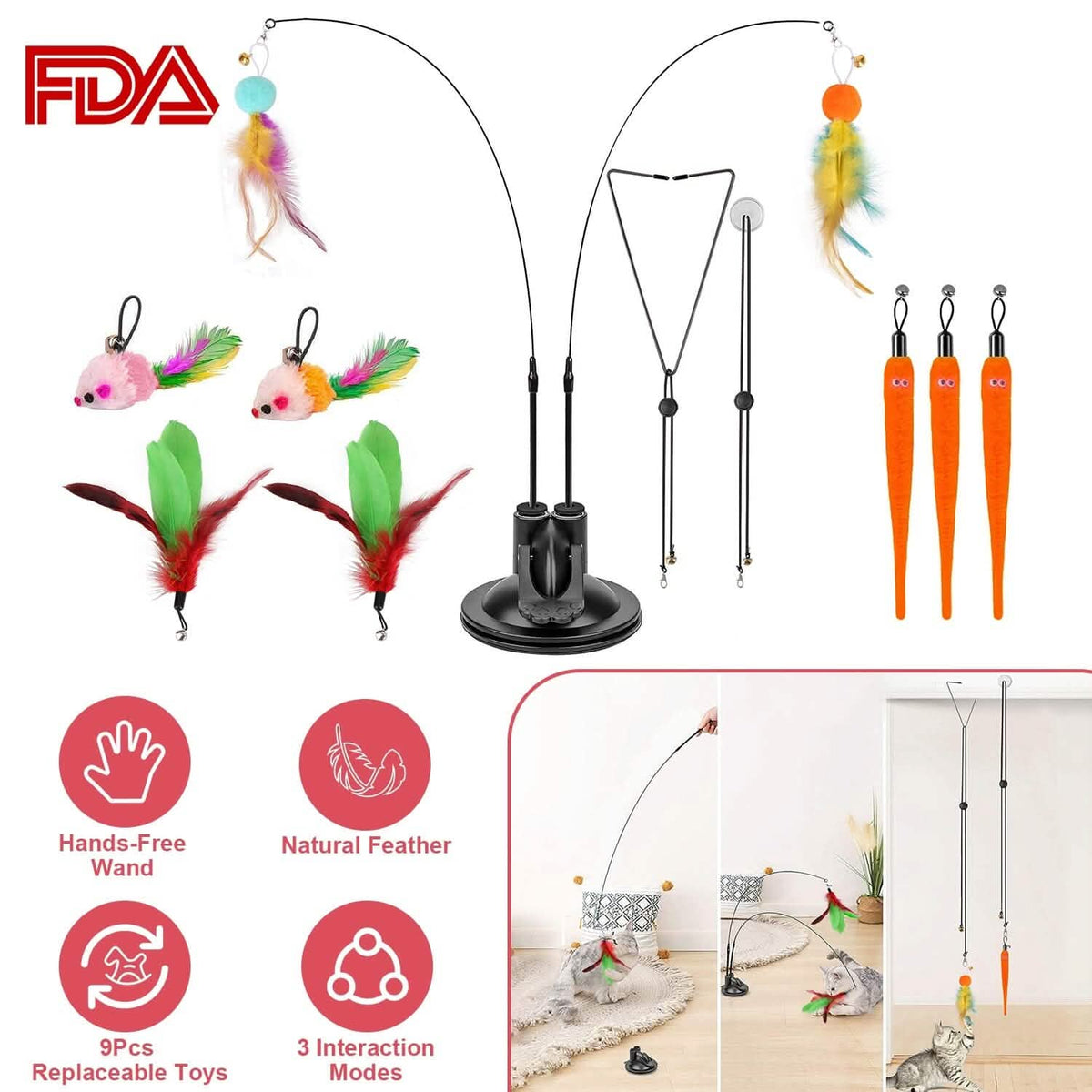2 Cat Wand Toys with Suction Cup Double Head Interactive Cat Feather Toy