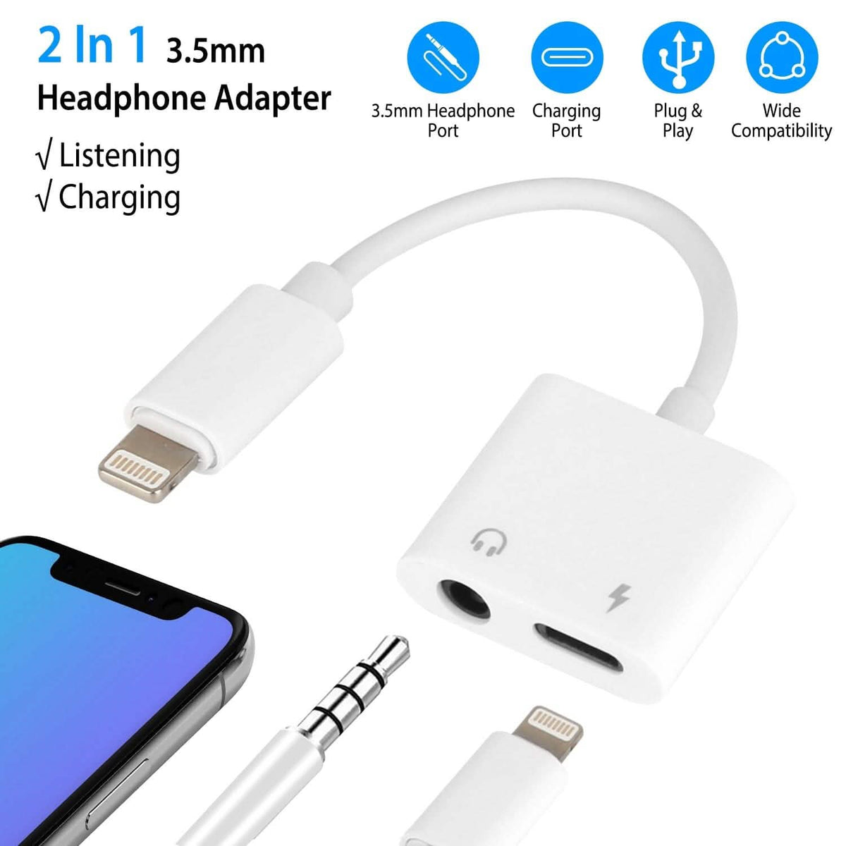 2-in-1 3.5mm Headphone Adapter Charger Audio Splitter Dongle