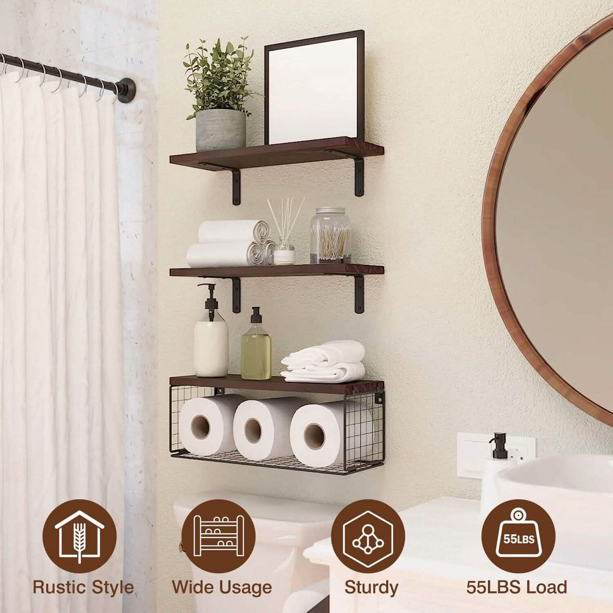 2-in-1 Floating Shelves Wall Mounted with Storage Basket