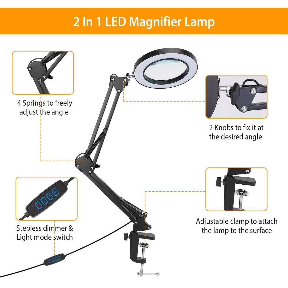 2-in-1 LED Magnifier Desk Lamp with 8x Magnifying Glass