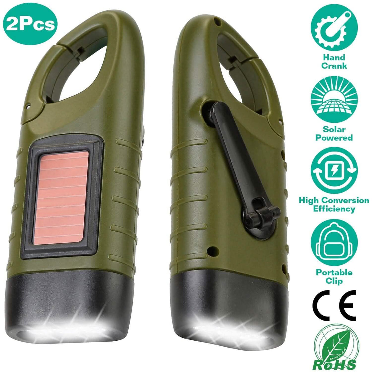 2-Pack: Hand Crank Solar Powered Flashlight
