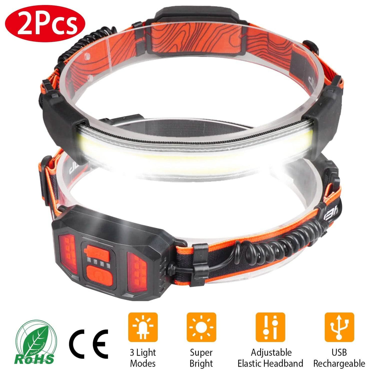 2-Pack: Rechargeable Headlamp 3 Light Modes Hand-Free