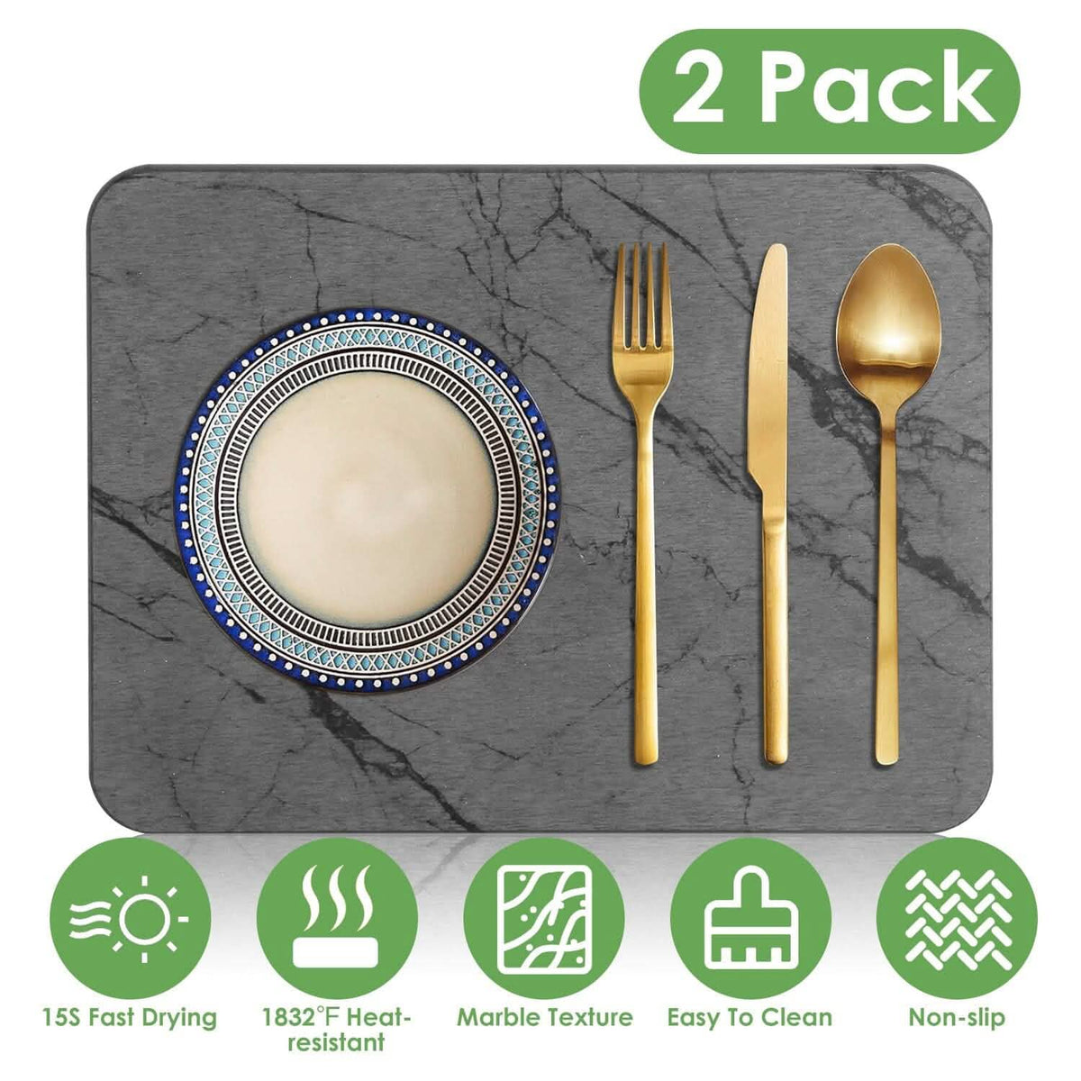 2-Pack: Stone Dish Drying Mat Silicone Diatomaceous Earth Mat