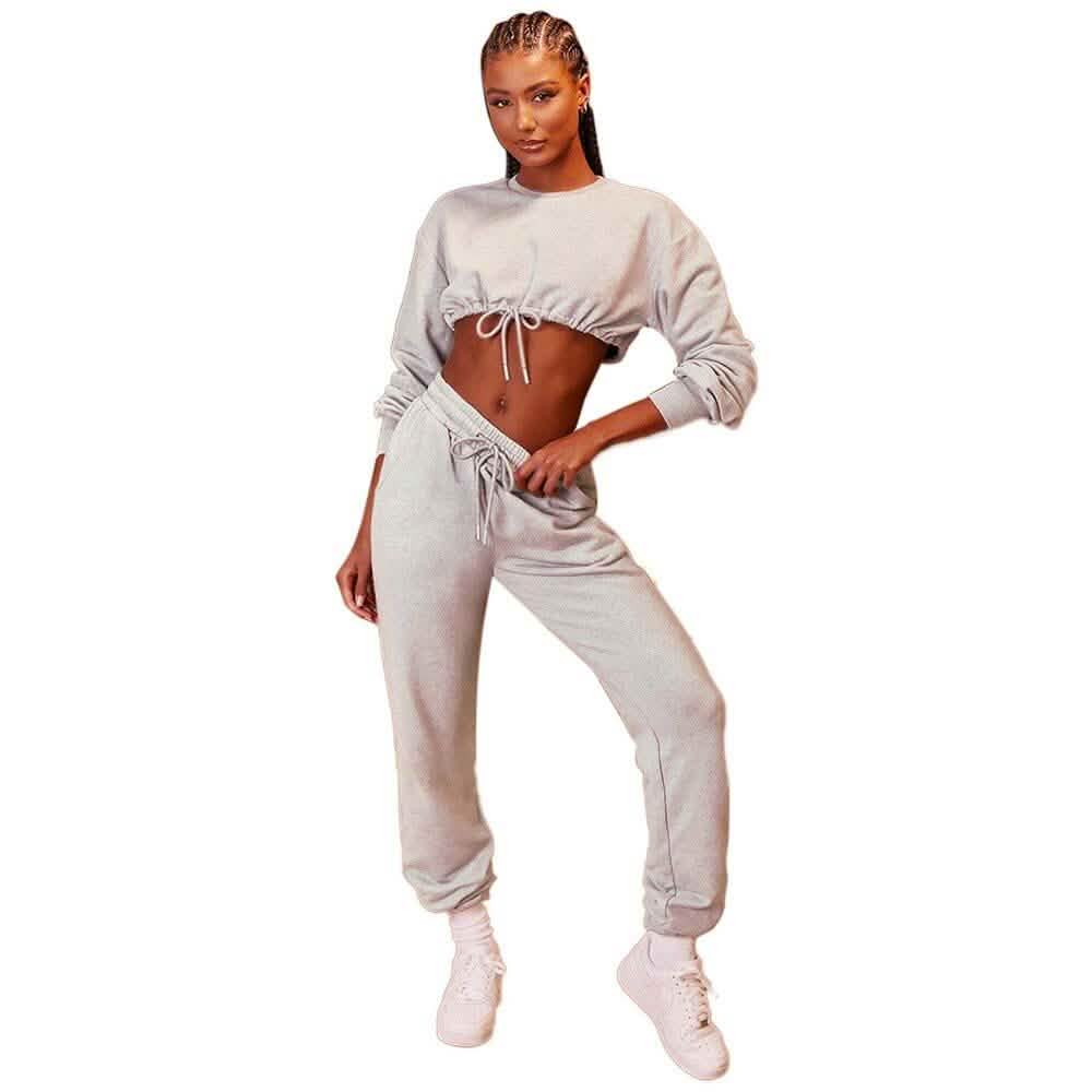 2-Piece Set: Drawstring Short Top Hooded Tops Sweatshirt Pants Set