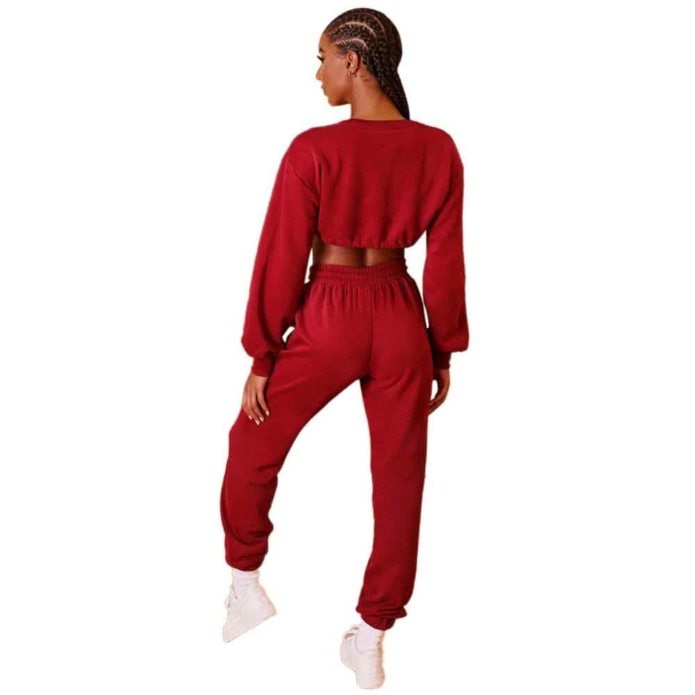 2-Piece Set: Drawstring Short Top Hooded Tops Sweatshirt Pants Set