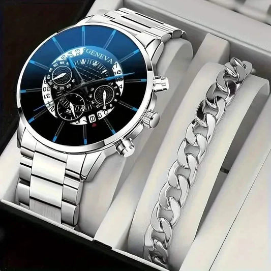 2-Piece Set: Exquisite Men's Quartz Timepieces And Fashionable Stainless Steel Watch Chains