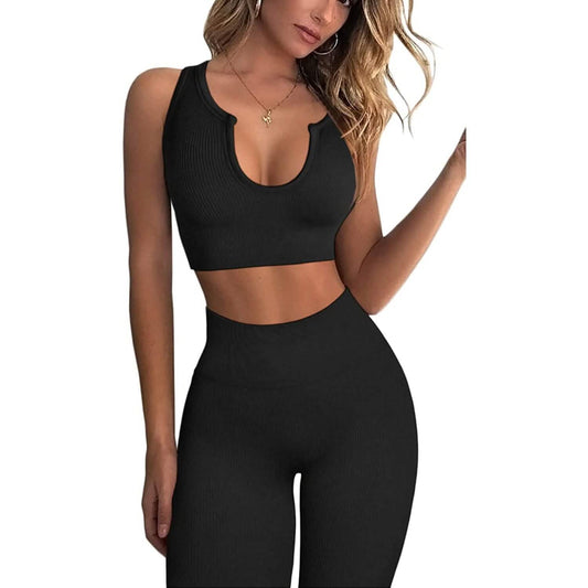 2-Piece Set: Ribbed Seamless Crop Tank High Waist Yoga Leggings