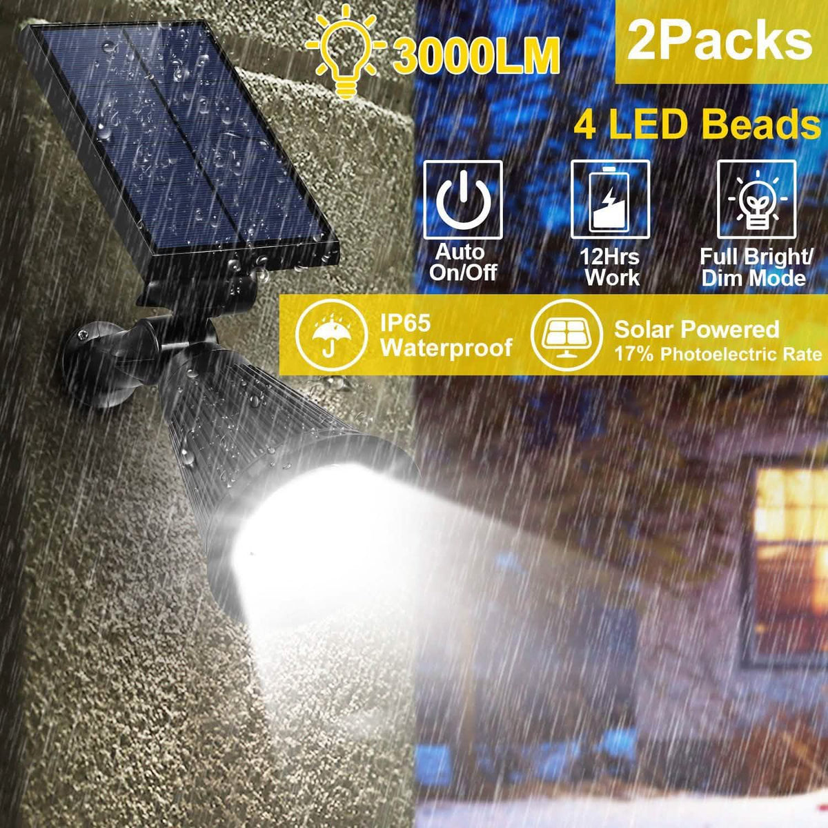 2-Piece: Solar Spotlight Outdoor Dusk Waterproof