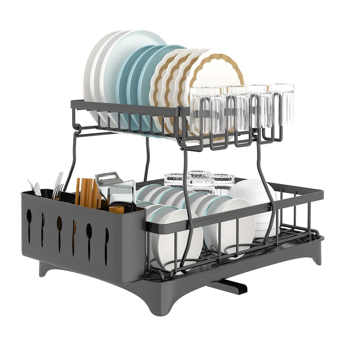 2-Tier Dish Rack Drainer Organizer Set with Utensil Cup Holder Rack Swivel Spout