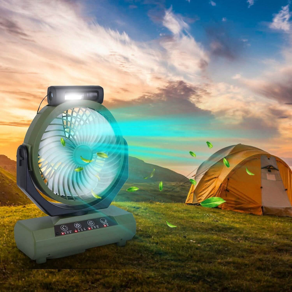 20000mAh Rechargeable Oscillating Camping Fan with Flashlight Hanging Hook Remote Control